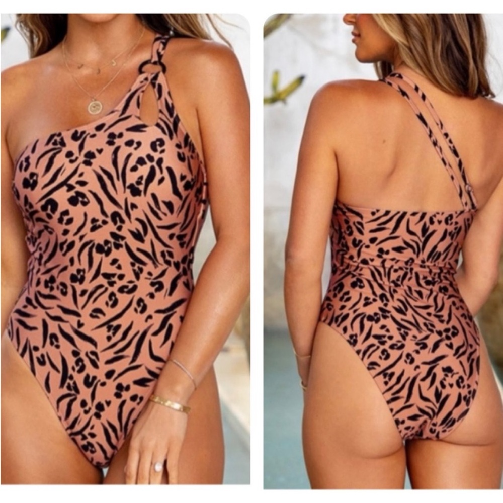 Cupshe One-Shoulder Animal Print One Piece - Black and rusty brown brown
